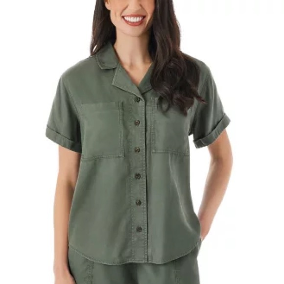 Members Mark Tops - Women Tencel Camp Green Button-Up Shirt Size L Short Sleeves New